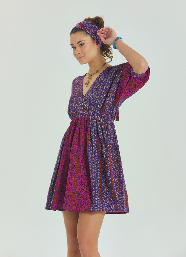 V Neck Elastic Waist Backless Purple Flower Dress 4566